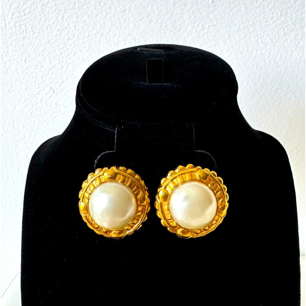 CHANEL 24K Gold Plated Faux Pearl Earrings in Very Good Used Condition